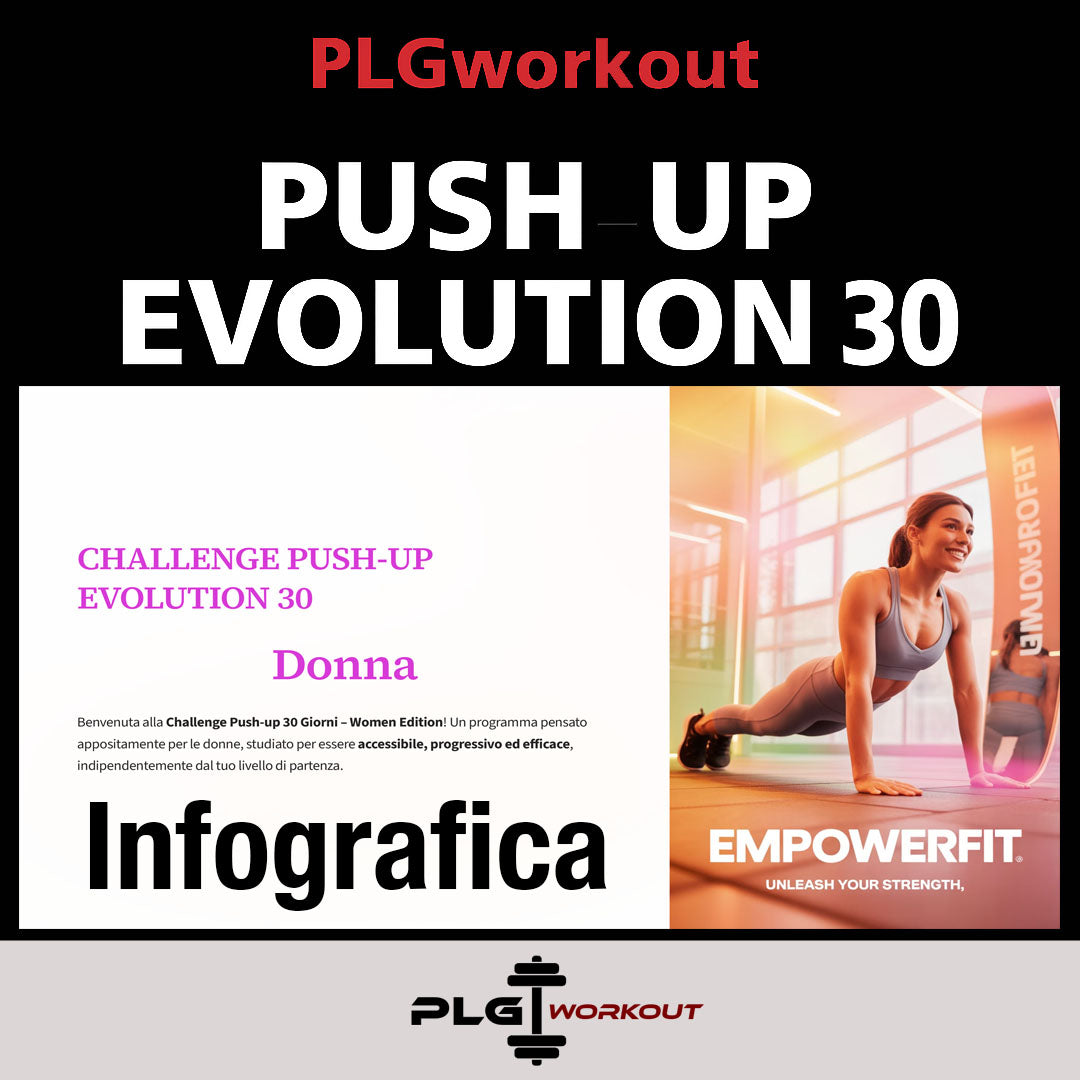 PLGworkout Push-Up Evolution 30 donna, infografica challenge push-up 30 giorni per allenamento femminile progressivo e forza muscolare